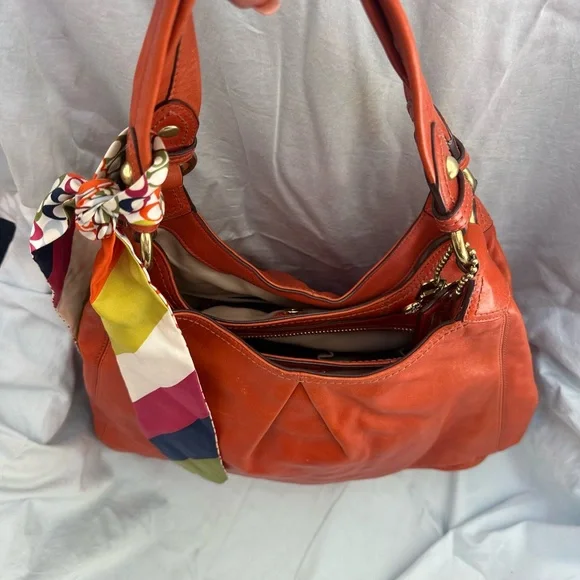 Coach Orange red Leather Shoulder Bag with Scarf Accent - Picture 5 of 10